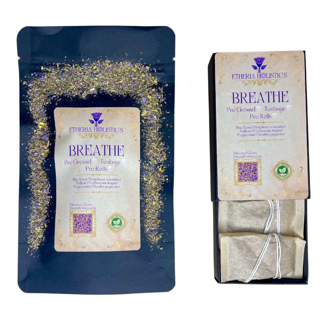 Organic Herbal BREATHE Blend: Blue Lotus-Mullein-Peppermint. Pre-Ground/Pre-Filled Teabags