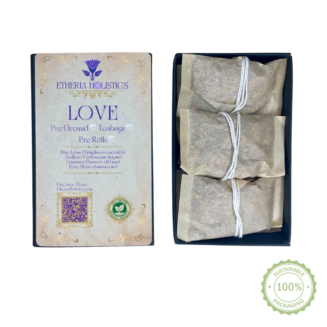 Organic Herbal LOVE Blend: Blue Lotus-Mullein-Damiana-Rose. Pre-Ground/Pre-Filled Teabags