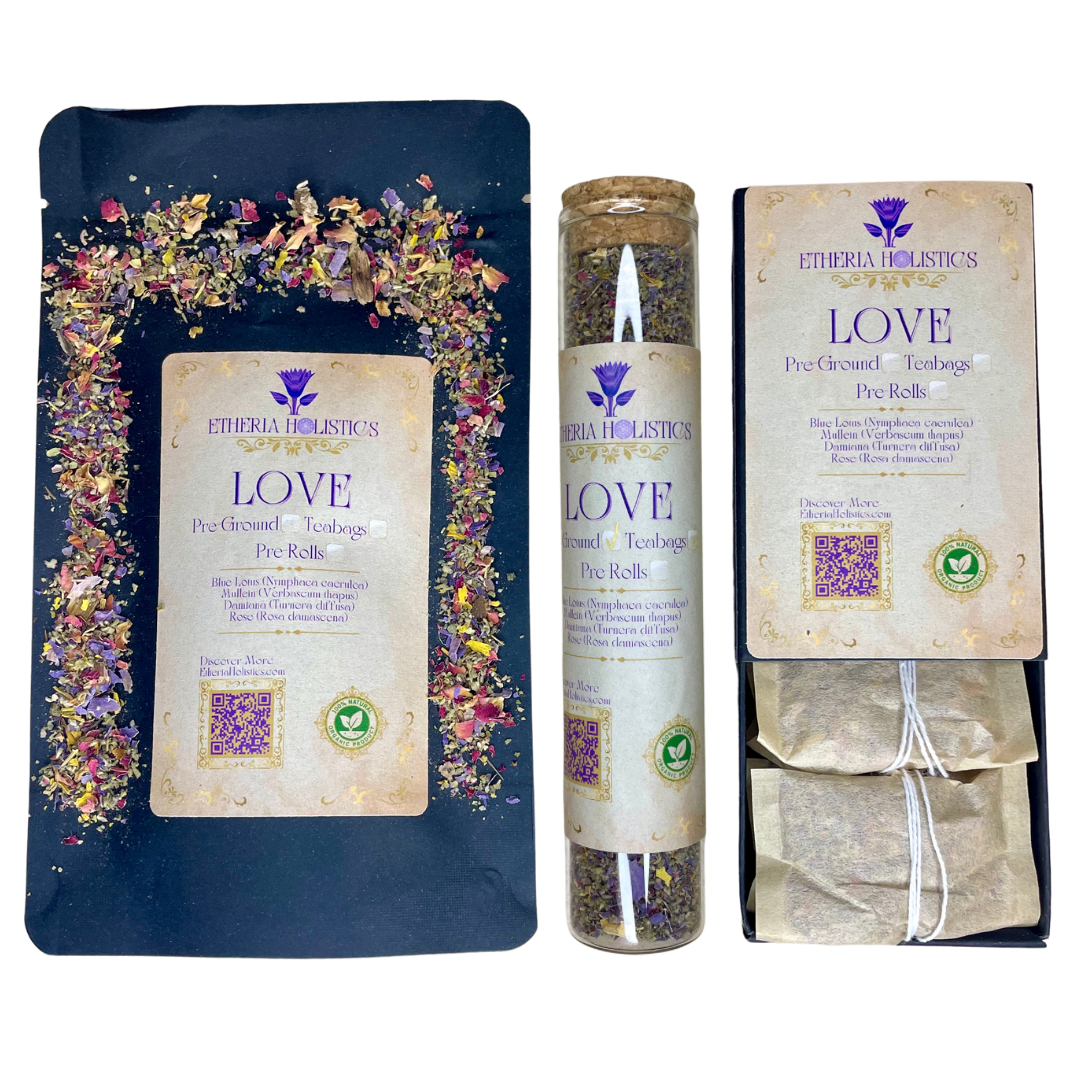 Organic Herbal LOVE Blend: Blue Lotus-Mullein-Damiana-Rose. Pre-Ground/Pre-Filled Teabags